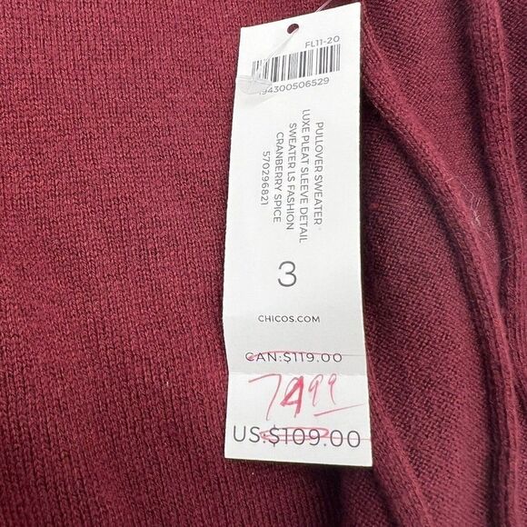 Chicos Pullover Sweater Pleat Long Sleeve Cranberry NWT XL cashmere blend - Picture 3 of 4